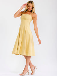 WOMEN'S SLEEVELESS SQUARE NECK FIT & FLARE DENIM STRETCH MIDI DRESS