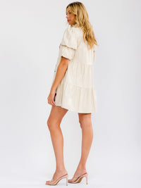 WOMEN'S SHORT PUFF SLEEVE BUTTON UP POCKETS TIERED PU PLEATHER MINI DRESS