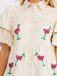 WOMEN'S SHORT PUFF SLEEVE BUTTON UP POCKETS TIERED PU PLEATHER MINI DRESS