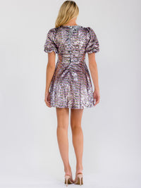 WOMEN'S SHORT PUFF SLEEVE V-NECK MULTI SEQUINS MINI DRESS