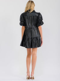 WOMEN'S SHORT PUFF SLEEVE BUTTON UP POCKETS TIERED PU PLEATHER MINI DRESS
