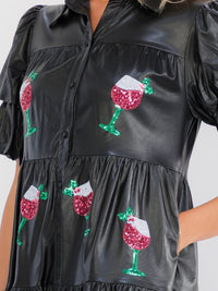 WOMEN'S SHORT PUFF SLEEVE BUTTON UP POCKETS TIERED PU PLEATHER MINI DRESS