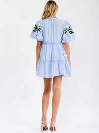 WOMEN'S SHORT PUFF SLEEVE V-NECK EMBROIDERY DETAILED TIERED MINI DRESS