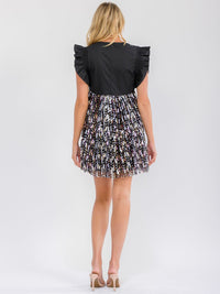 WOMEN'S RUFFLE SLEEVE CONTRAST SEQUINS MINI DRESS