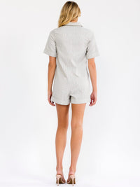 WOMEN'S SHORT SLEEVE BUTTON UP POCKETS STRIPES DENIM ROMPER