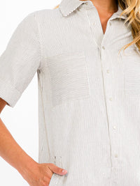WOMEN'S SHORT SLEEVE BUTTON UP POCKETS STRIPES DENIM ROMPER