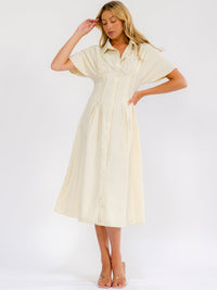 WOMEN'S SHORT SLEEVE BUTTON UP FIT & FLARE STRIPES MIDI DRESS