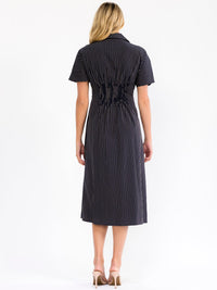 WOMEN'S SHORT SLEEVE BUTTON UP FIT & FLARE STRIPES MIDI DRESS