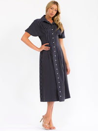 WOMEN'S SHORT SLEEVE BUTTON UP FIT & FLARE STRIPES MIDI DRESS