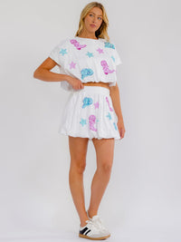 WOMEN'S SHORT SLEEVE TOP & ELASTIC WAIST MINI SKIRT GRAPHIC SEQUINS 2PC. SET
