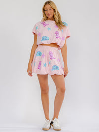 WOMEN'S SHORT SLEEVE TOP & ELASTIC WAIST MINI SKIRT GRAPHIC SEQUINS 2PC. SET