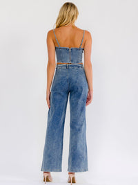 WOMEN'S SLEEVELESS CROP TOP & BUTTON CLOSURE WIE ELEG PANTS DETAILED DENIM 2PC. SET