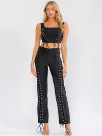 WOMEN'S SLEEVELESS CROP TOP & ZIP UP SKINNY ELEG PANTS LACE UP STRETCH DENIM 2PC. SET