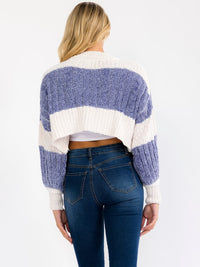 WOMEN'S LONG SLEEVE COLORBLOCK KNIT PULLOVER CROP SWEATER