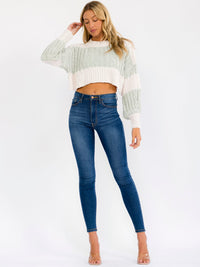 WOMEN'S LONG SLEEVE COLORBLOCK KNIT PULLOVER CROP SWEATER