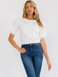 WOMEN'S SHORT PUFF SLEEVE LACE BOWS KNIT TOP