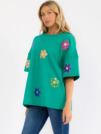 WOMEN'S SHORT SLEEVE FLORAL SEQUINS SHIRT