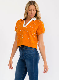 WOMEN'S SHORT SLEEVE V-NECK PEARL DETAILED TOP