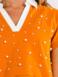 WOMEN'S SHORT SLEEVE V-NECK PEARL DETAILED TOP