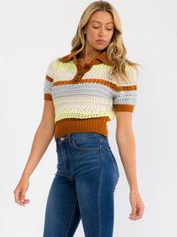 WOMEN'S SHORT SLEEVE BUTTON UP KNIT COLORBLOCK BLOUSE