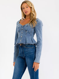 WOMEN'S LONG SLEEVE BACK TIE DENIM PEPLUM STRETCH DENIM TOP