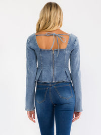 WOMEN'S LONG SLEEVE BACK TIE DENIM PEPLUM STRETCH DENIM TOP