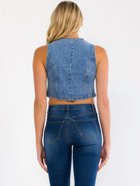 WOMEN'S SLEEVELESS FRONT TIE DENIM CROP TOP