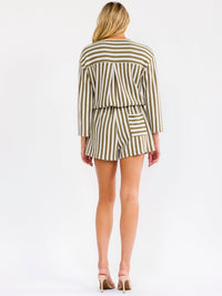 WOMEN'S LONG SLEEVE BUTTON UP KNIT STRIPES DRAWSTRING WAIST ROMPER