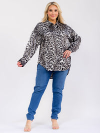 PLUS SIZE LONG SLEEVE BUTTON UP HIGH-LOW ANIMAL PRINT SHIRT