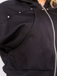 PLUS SIZE SHORT SLEEVE ZIP UP FRONT POCKETS HOODED TOP