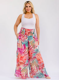 PLUS SIZE ELASTIC WAIST FRONT POCKETS FLORAL WIDE LEG PALAZZO PANTS