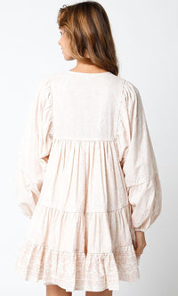WOMEN'S LONG SLEEVE V-NECK SMOCK FLORAL SWISS TIERED MINI DRESS