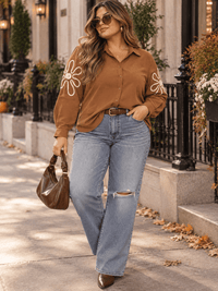 PLUS SIZE LONG SLEEVE BUTTON UP EMBROIDERY DETAILED BLOUSE