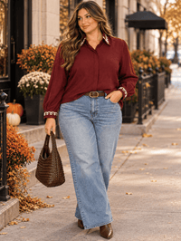 PLUS SIZE LONG SLEEVE BUTTON UP EMBROIDERY TRIM DETAILED BLOUSE