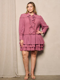 PLUS SIZE LONG SLEEVE BUTTON UP COLLAR RUFFLE TIERED MINI DRESS