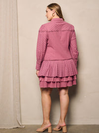 PLUS SIZE LONG SLEEVE BUTTON UP COLLAR RUFFLE TIERED MINI DRESS