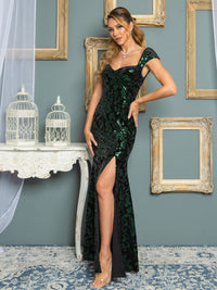 WOMEN'S SLEEVELESS FRONT SLIT SEQUINS BODYCON MAXI GOWN DRESS