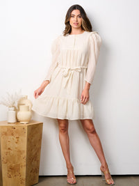 WOMEN'S LONG PUFF SLEEVE TIERED SELF TIE MINI DRESS