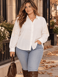 PLUS SIZE LONG SLEEVE BUTTON UP EMBROIDERY DETAILED BLOUSE
