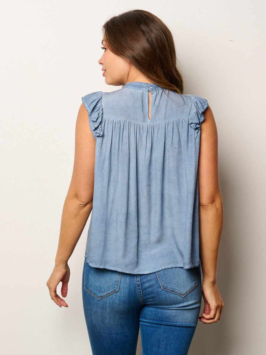 Washed Ruffle Sleeve Mock Neck Denim Top main image 0