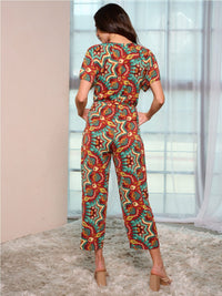 WOMEN'S SHORT SLEEVE BUTTON UP POCKETS MULTI PRINT JUMPSUIT