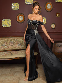 WOMEN'S OFF SHOULDER FRONT SLIT MESH STUDS DETAILED MAXI GOWN DRESS