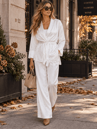 WOMEN'S LONG SLEEVE SELF TIE BLAZER & ELASTIC WAIST WIDE LEG PANTS PRINT 2PC. SET