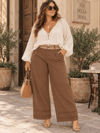 PLUS SIZE BUTTON CLOSURE ELASTIC EMBROIDERY WAIST FRONT POCKETS WIDE LEG PANTS