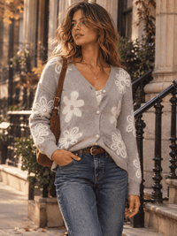 WOMEN'S LONG SLEEVE V-NECK BUTTON UP FUZZY FLOWERS SWEATER