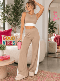 WOMEN'S SLEEVELESS CROP TOP & ELASTIC WAIST WIDE LEG PANTS COLORBLOCK 2PC. SET