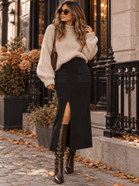 WOMEN'S ELASTIC WAIST FRONT SLIT POCKETS KNIT MAXI SKIRT