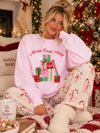 WOMEN'S LONG SLEEVE MERRY EVERY THING GRAPHIC PULLOVER SWEATER