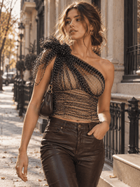 WOMEN'S ONE SHOULDER POLKA DOT CHIFFON RUCHED CROP TOP