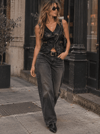 WOMEN'S SLEEVELESS V-NECK FRONT POCKETS BUTTON UP PU PLEATHER TOP